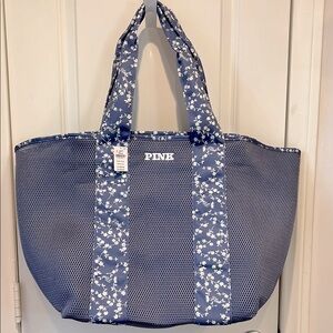 NWT PINK Victoria's Secret Denim Blue and White Tote Bag with Floral Accents